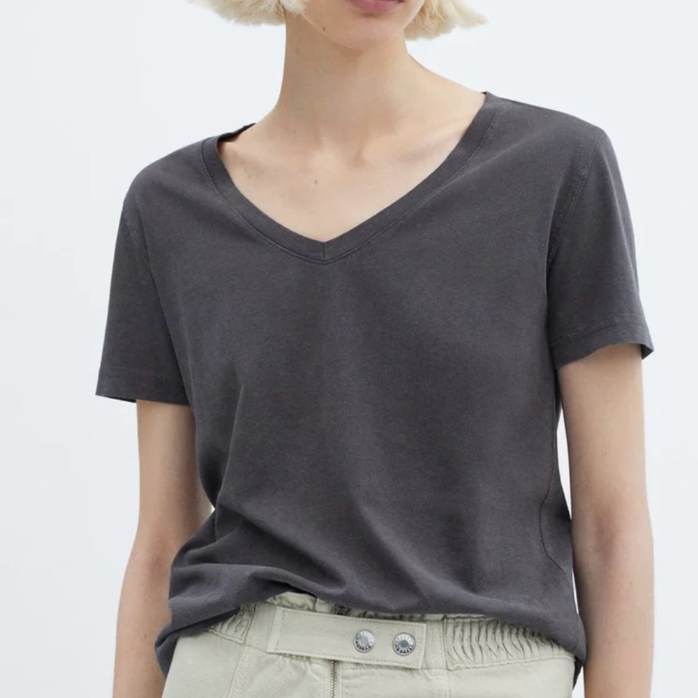 Mango | Distressed V-Neck Tee in Dark Gray